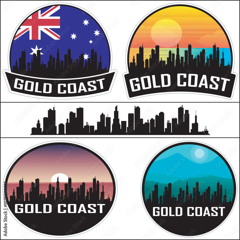 Fototapeta premium Gold Coast Skyline Australia Flag Cityscape Silhouette Travel Souvenir Sticker Sunset Vector