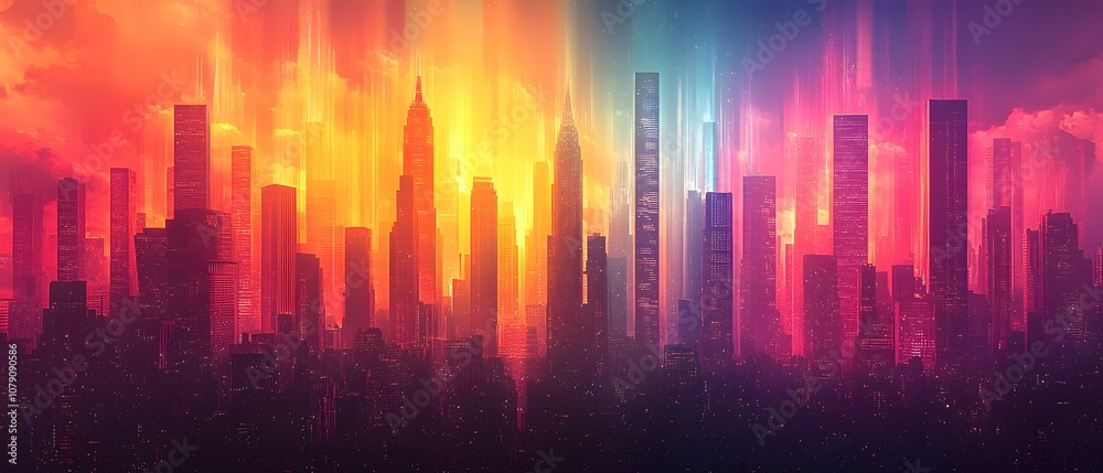 Vibrant Cityscape at Sunset with Futuristic Towers and Colorful Sky Reflecting Urban Energy and Architectural Diversity in a Dazzling Visual Experience Vibrant Cityscape at Sunset with Futuristic Towers and Colorful Sky Reflecting Urban Energy and Architectural Diversity in a Dazzling Visual Experience