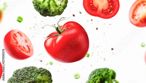 Vibrant Assortment of Fresh Vegetables tomato, pepper and coliflower in Mid-Air photo