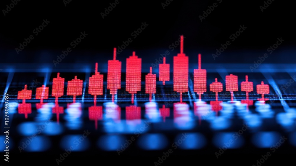 Fototapeta premium Red Candlestick Chart On Blue Digital Background.