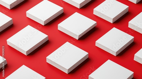 Empty business cards arranged on a red background Flat lay composition with 3D rendering