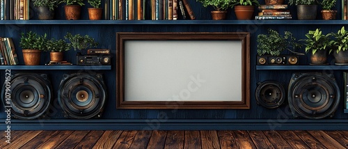 empty of  A dark blue wall with a large empty picture frame, a bookcase filled with books, and plants on shelves photo