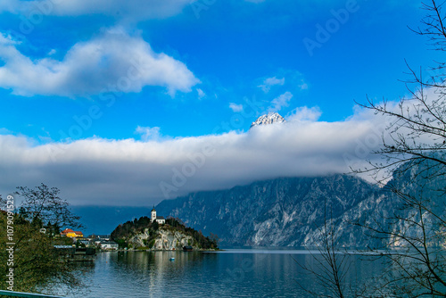 Austria. Alps. Traunsee. Traunkirche. Ort Castle. Hallstatt. Yacht on an Alpine lake.