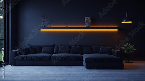 empty of  A dark living room with an L-shaped couch in a matte black finish, contemporary floating shelves holding minimalist sculptures, and pendant lamps with dimmers to adjust t photo