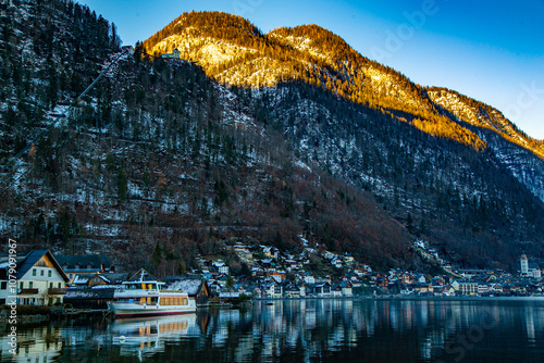 Austria. Alps. Traunsee. Traunkirche. Ort Castle. Hallstatt. Yacht on an Alpine lake.