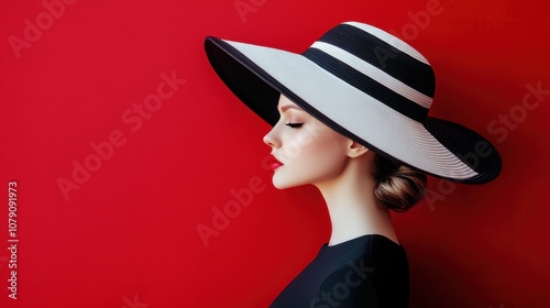 Wallpaper Mural Elegant Woman in Profile Wearing Wide-Brimmed Hat Against Striking Red Background, Capturing Chic Fashion and Sophistication in Modern Photography Torontodigital.ca