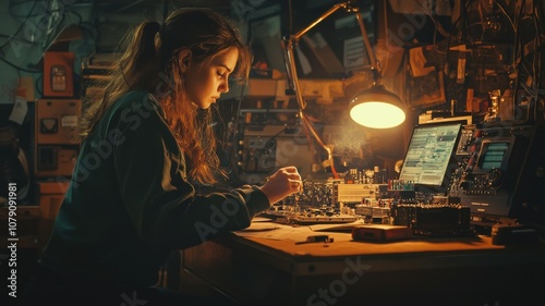 Woman Working Late at Desk with Lamp