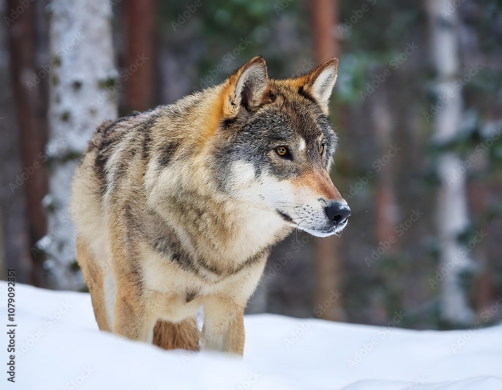 Fototapeta premium gray wolf hunting in snow