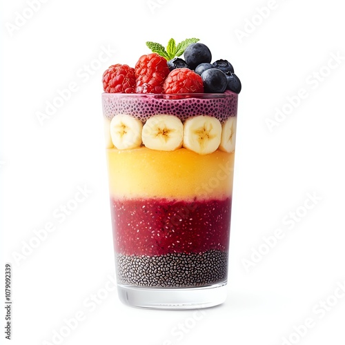 A vibrant layered fruit parfait featuring chia seeds, bananas, and a mix of berries, all served in a clear glass with a garnish of mint on top. on a white background