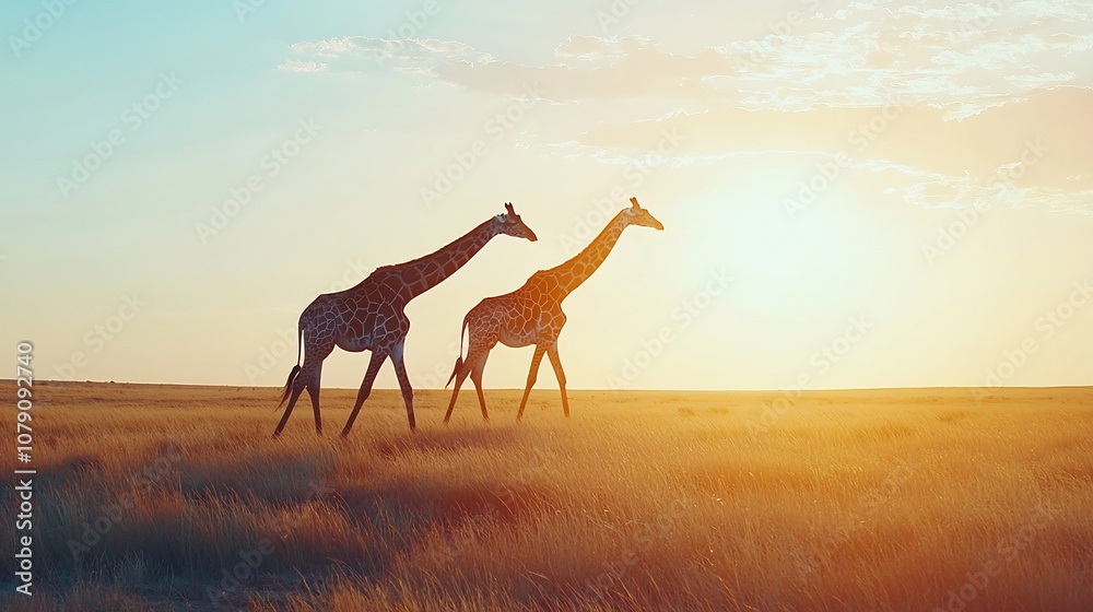 Pair of giraffes walking across sun drenched savanna silhouettes against bright sky Pair of giraffes walking across sun drenched savanna silhouettes against bright sky