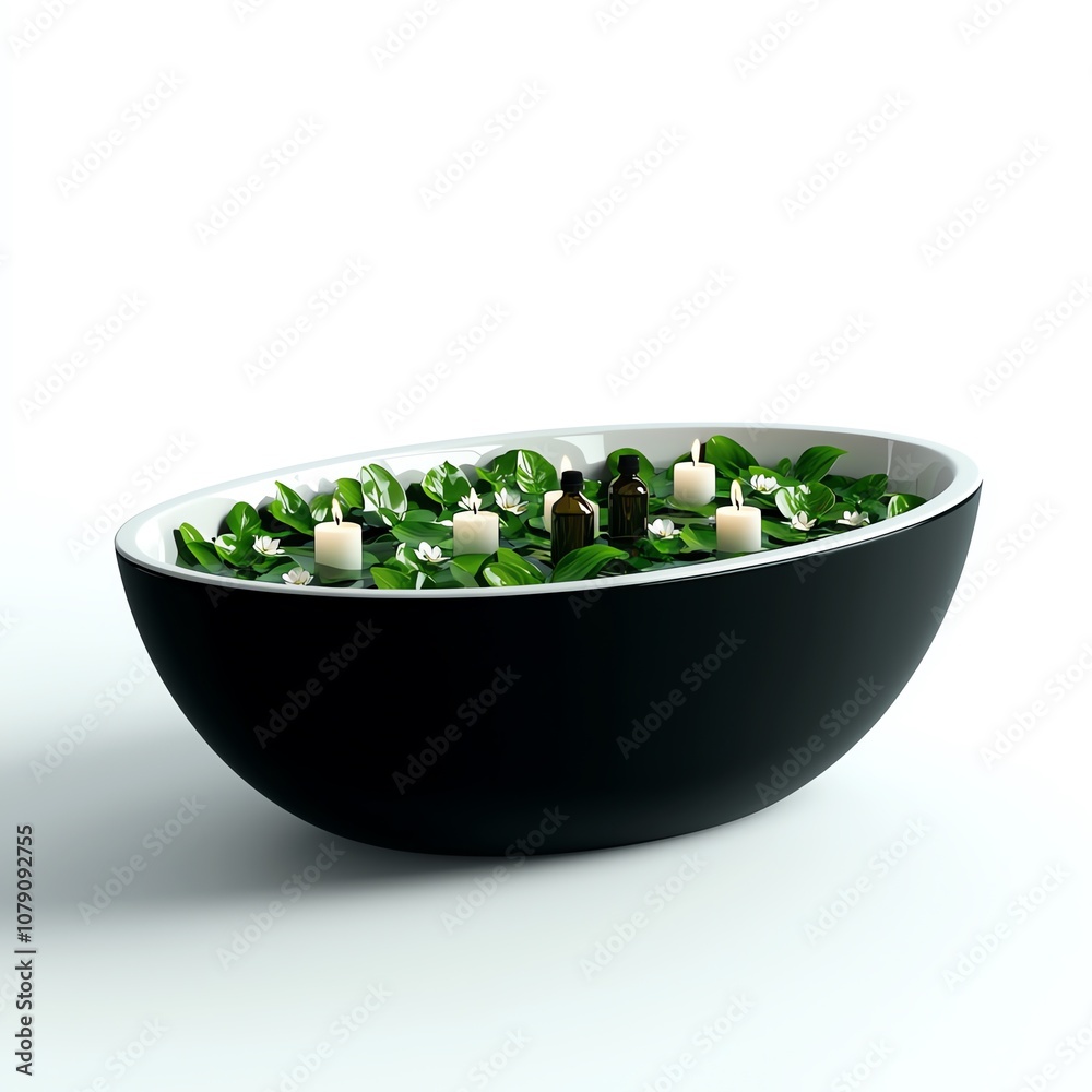 A soothing black bowl filled with fresh green leaves and floating candles, creating a serene and relaxing ambiance for wellness and tranquility. on a white background A soothing black bowl filled with fresh green leaves and floating candles, creating a serene and relaxing ambiance for wellness and tranquility. on a white background