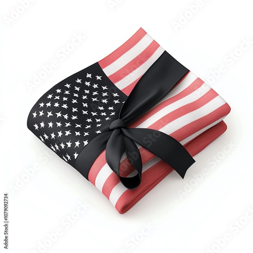 A stylish American flag-themed gift wrap, elegantly tied with a black ribbon, perfect for patriotic celebrations or events. on a white background