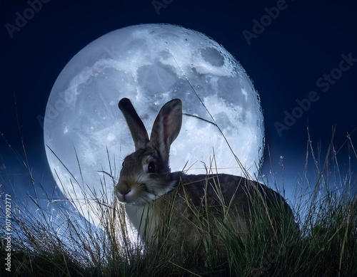 rabbit in the night with a moon behind it photo