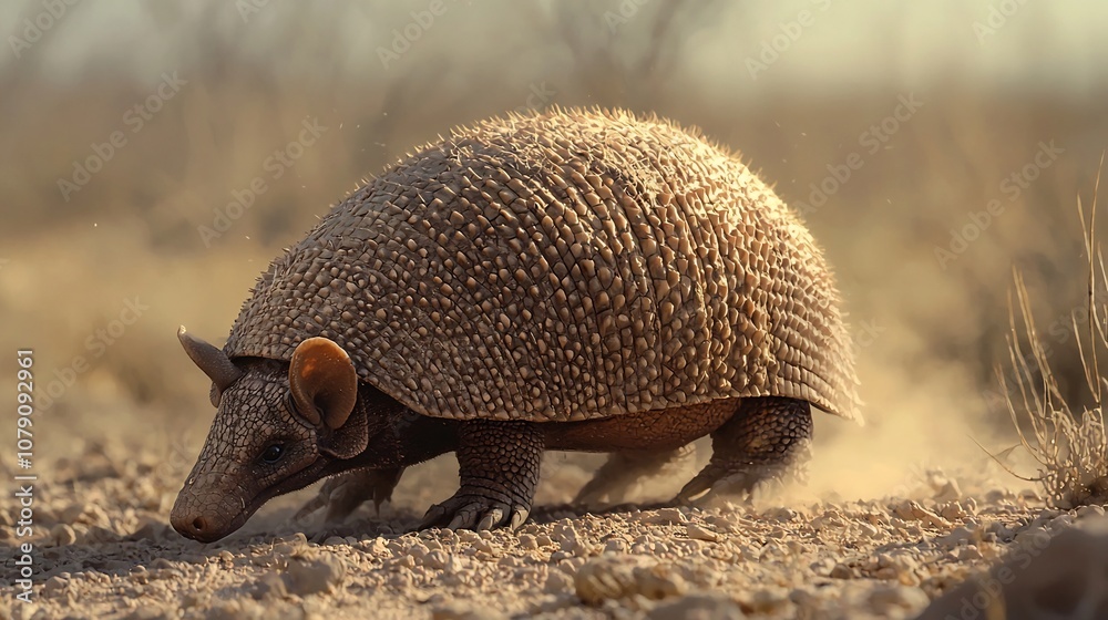 Armadillo Foraging on Arid Desert Ground Its Armored Shell Covered in Dust Armadillo Foraging on Arid Desert Ground Its Armored Shell Covered in Dust