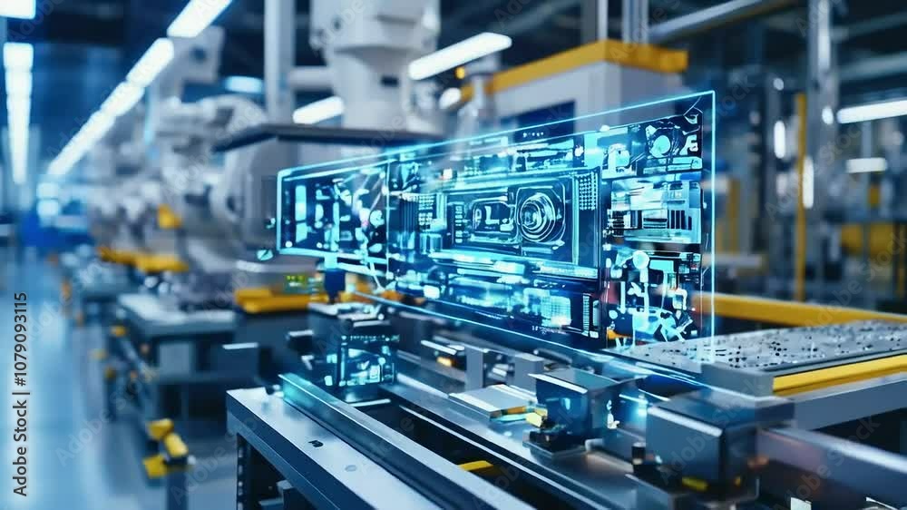 Futuristic digital overlay on a modern factory assembly line, showcasing advanced technology and automation.