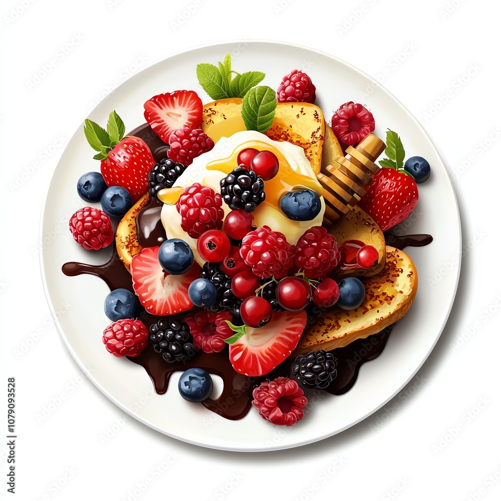 Obraz premium A delicious plate of pancakes topped with fresh berries, honey, and whipped cream, perfect for breakfast or dessert. on a white background