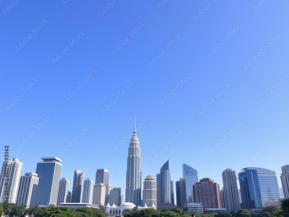Fototapeta premium Skyline of Kuala Lumpur downtown with iconic skyscrapers and KL Tower against a clear blue sky, high-rise
