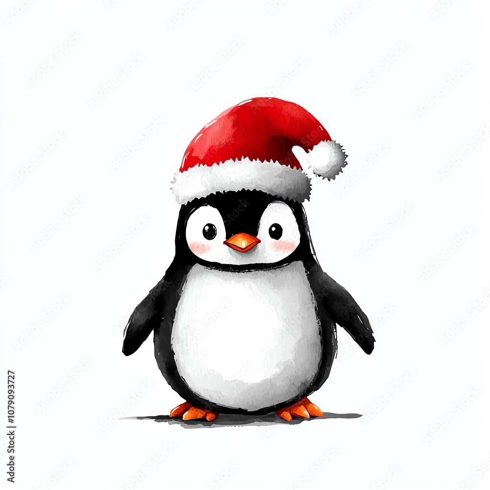A cute penguin wearing a festive red Christmas hat, standing against a white isolated background, ready to celebrate the holiday season. on a white background
