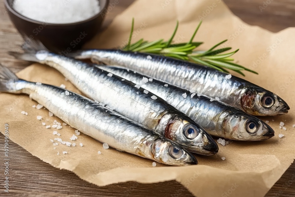 Fresh Sardines on Butcher Paper with Herbs and Salt