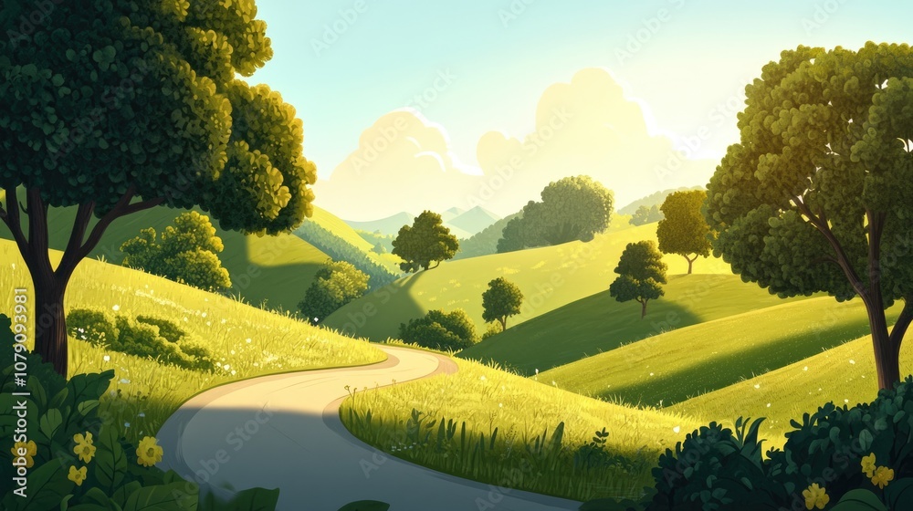 Obraz premium Vibrant summer landscape illustration featuring a cartoon style sunlit panorama with lush greenery trees a grassy meadow and a winding road amidst rolling hills