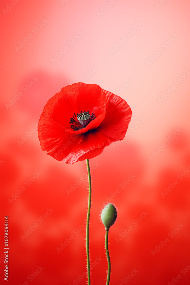 Obraz premium A red poppy flower against a floral-themed background for greeting card border, professional lighting, ultra highly realistic, smooth light, PNG