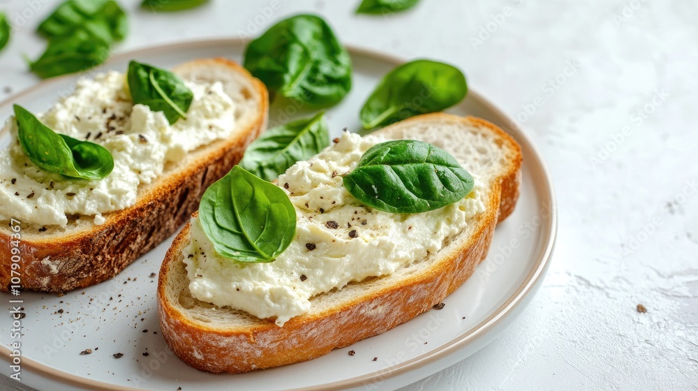 Cereal baguette spread with cream cheese and topped with spinach leaves presented on a white plate against a light background with ample copy space Cereal baguette spread with cream cheese and topped with spinach leaves presented on a white plate against a light background with ample copy space