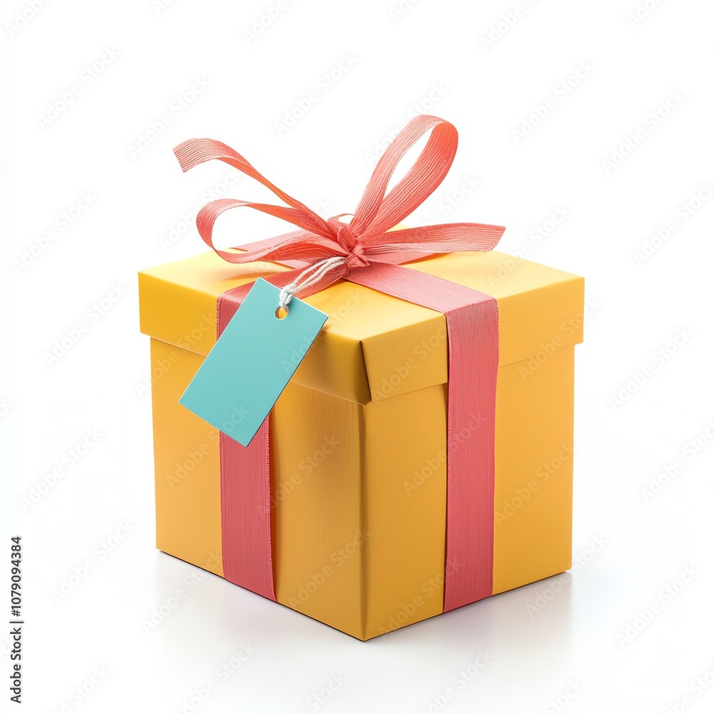 A beautifully wrapped yellow gift box with a pink ribbon and tag on a white background, perfect for celebrations and special occasions. on a white background A beautifully wrapped yellow gift box with a pink ribbon and tag on a white background, perfect for celebrations and special occasions. on a white background