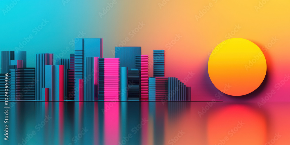 Fototapeta premium Vibrant city skyline with colorful buildings and large sun setting