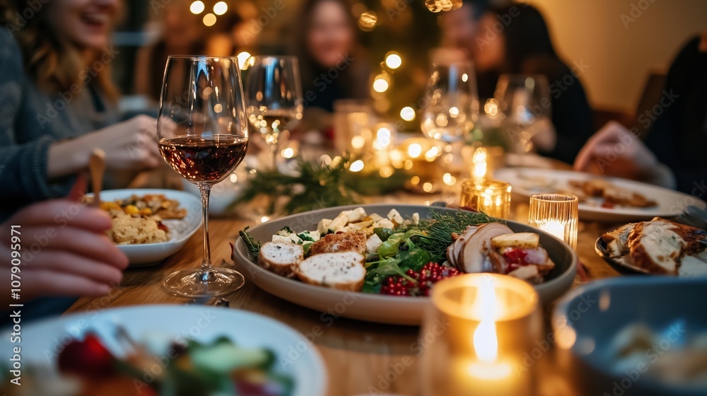 A close-up of a dinner table setting with a glass of red wine and a plate of food, showing a festive gathering with friends and family A close-up of a dinner table setting with a glass of red wine and a plate of food, showing a festive gathering with friends and family