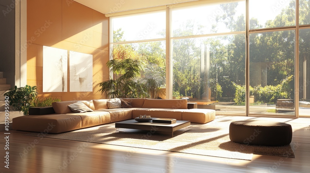 Fototapeta premium 3D rendering of an expansive contemporary living room interior showcasing a bright and luxurious design in a digital mockup