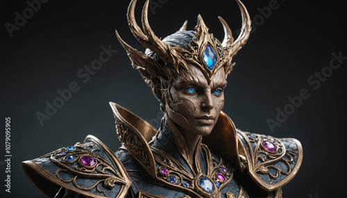 A close-up portrait of a female elf warrior wearing ornate golden armor and a crown adorned with gems