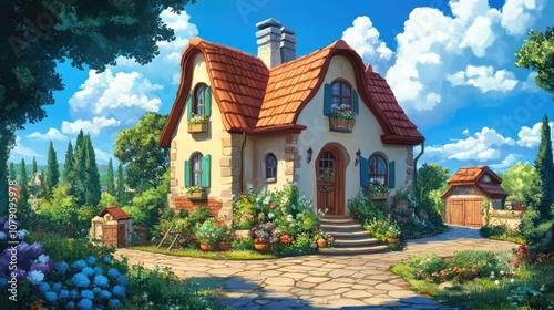 A charming cartoon depiction of a quaint house