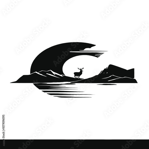 A silhouette scene with a half-setting sun dipping behind a rugged hill by the seashore