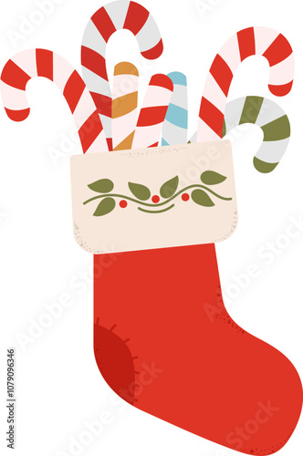 Red Stocking with candies isolated on white background. Christmas concept. Ideal for greeting cards, invitations, flyers.