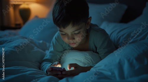 Child Engrossed in Smartphone at Night