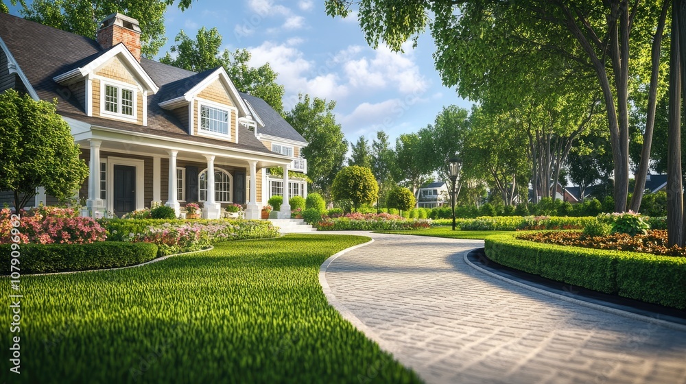 Charming 3D illustration of an attractive house featuring a white entrance lush lawn and a quaint garden set within a pleasant neighborhood Charming 3D illustration of an attractive house featuring a white entrance lush lawn and a quaint garden set within a pleasant neighborhood