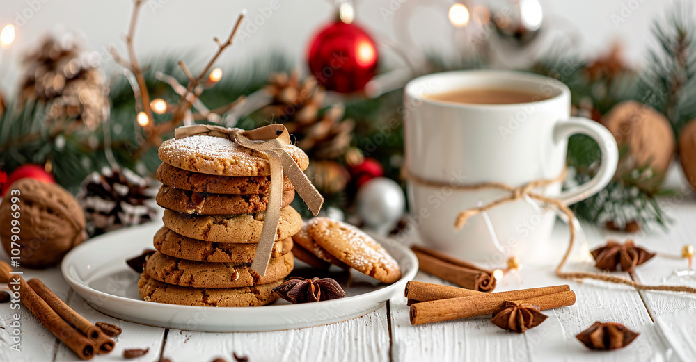 Festive coffee cup with Christmas decorations and holiday cheer Festive coffee cup with Christmas decorations and holiday cheer