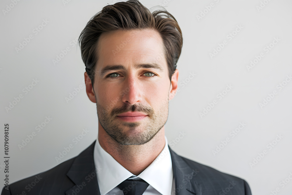 Close-up of confident businessman in dark suit with white shirt on plain background Close-up of confident businessman in dark suit with white shirt on plain background