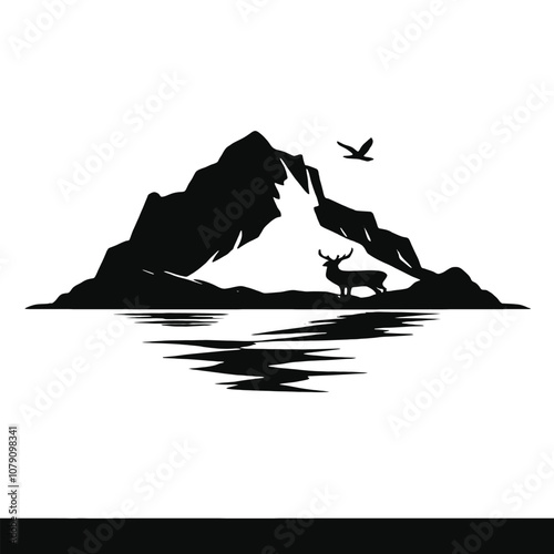 A silhouette scene with a half-setting sun dipping behind a rugged hill by the seashore