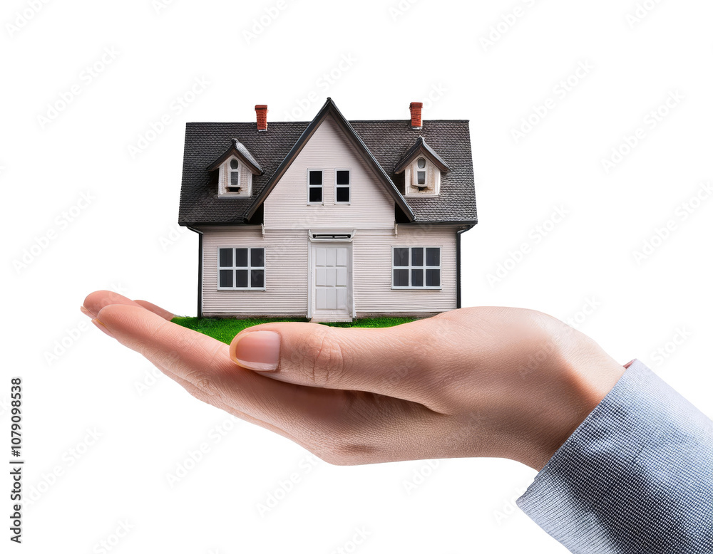 A hand holding a small house, isolated on a white background, symbolizing home ownership and real estate concepts A hand holding a small house, isolated on a white background, symbolizing home ownership and real estate concepts