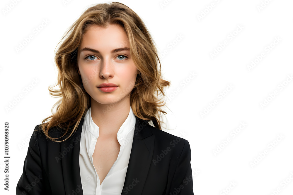 Three-quarter portrait of Caucasian businesswoman in blazer and white blouse on plain white background Three-quarter portrait of Caucasian businesswoman in blazer and white blouse on plain white background