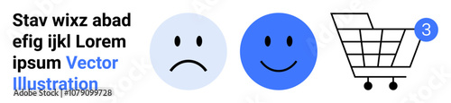 Sad face, happy face, shopping cart with notification circle showing three items. Ideal for e-commerce, customer satisfaction, emotions, user interface, digital marketing, notifications, online