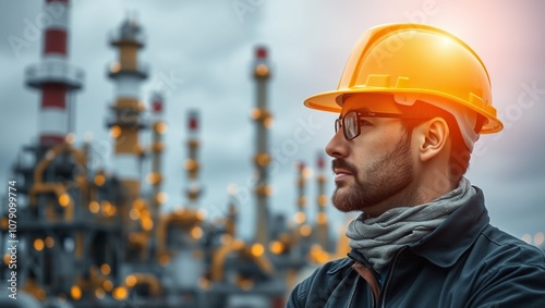 Double exposure of Engineer with safety helmet with oil refinery industry plant background