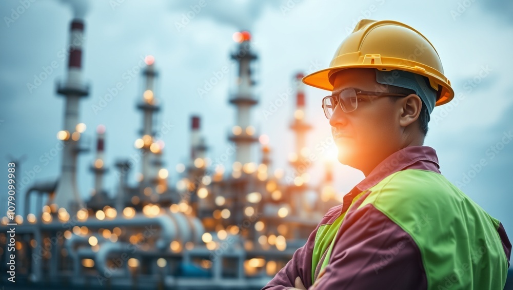 Double exposure of Engineer with safety helmet with oil refinery industry plant background Double exposure of Engineer with safety helmet with oil refinery industry plant background