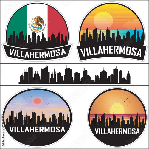 Villahermosa Skyline Mexico Flag Cityscape Silhouette Travel Souvenir Sticker Sunset Isolated Vector