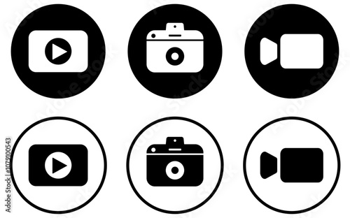 Camera video icon. Camera icon. Play icon button. Audio player icon. Video streaming web icons.