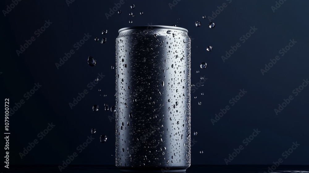 Mockup of Aluminum Can on Dark Blue Background with Water Droplets for Elegant and Refreshing Beverage Product Branding Mockup of Aluminum Can on Dark Blue Background with Water Droplets for Elegant and Refreshing Beverage Product Branding