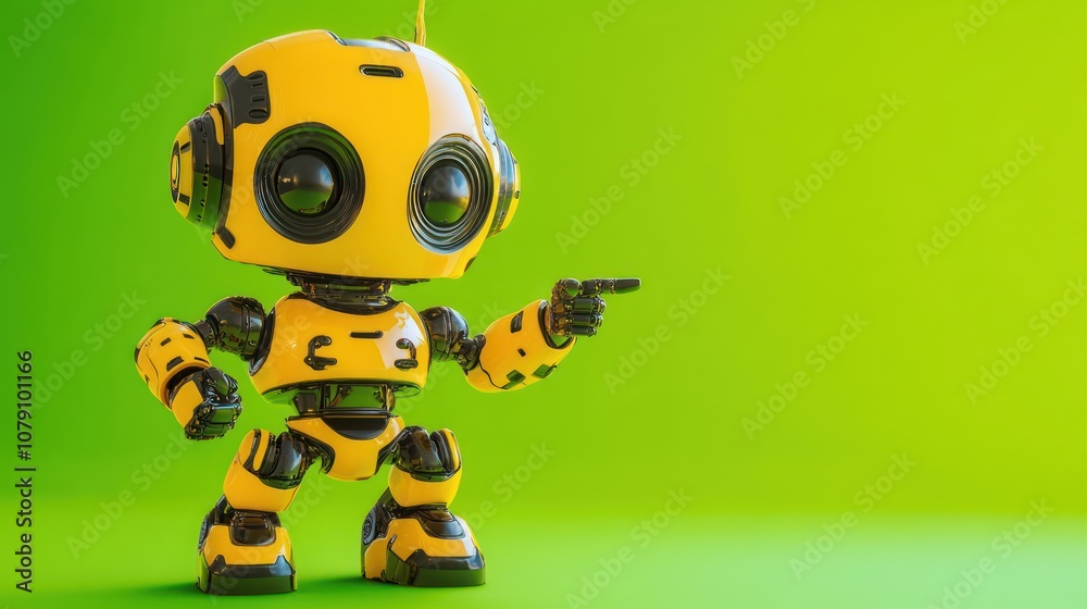 Friendly yellow robot pointing with a playful expression. Friendly yellow robot pointing with a playful expression.