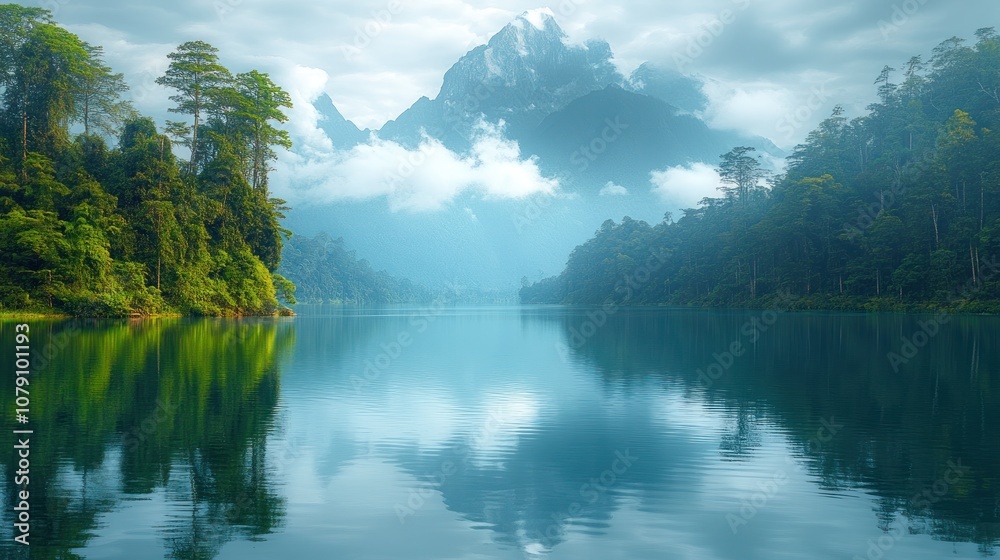 Serene mountain lake with mist and reflections. Serene mountain lake with mist and reflections.