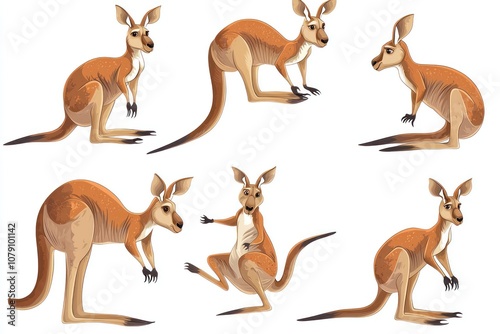 Kangaroo characters in various action poses on white photo